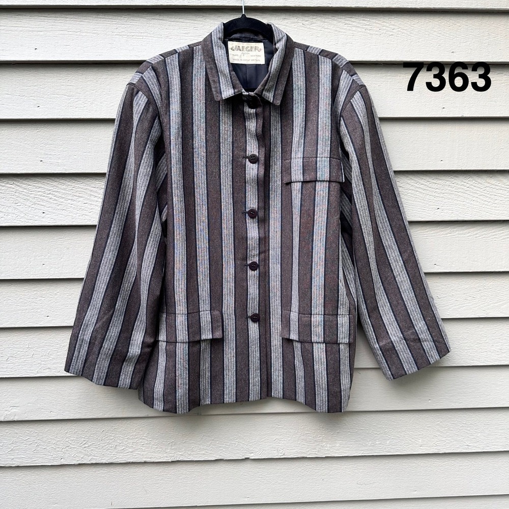 Vintage Jaeger London Striped Wool Jacket Made in Great Britain Grey Brown L/XL